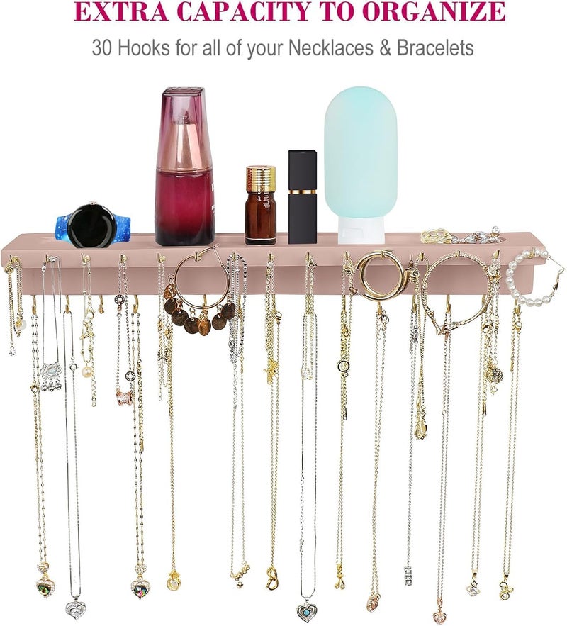 YYILIS Necklace Holder, Upgraded Extra Large Wall Necklace Organizer with 30 Hooks Wall Mounted Necklace Hanger with Jewelry Tray/Cosmetics Shelf Rustic Pine Wood Holder (Pink) - Image 3